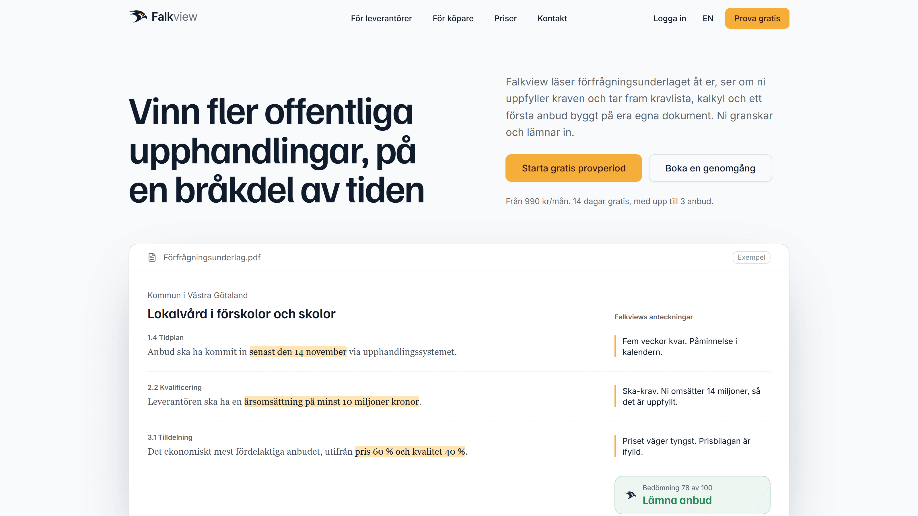 The Swedish version of the Falkview home page.