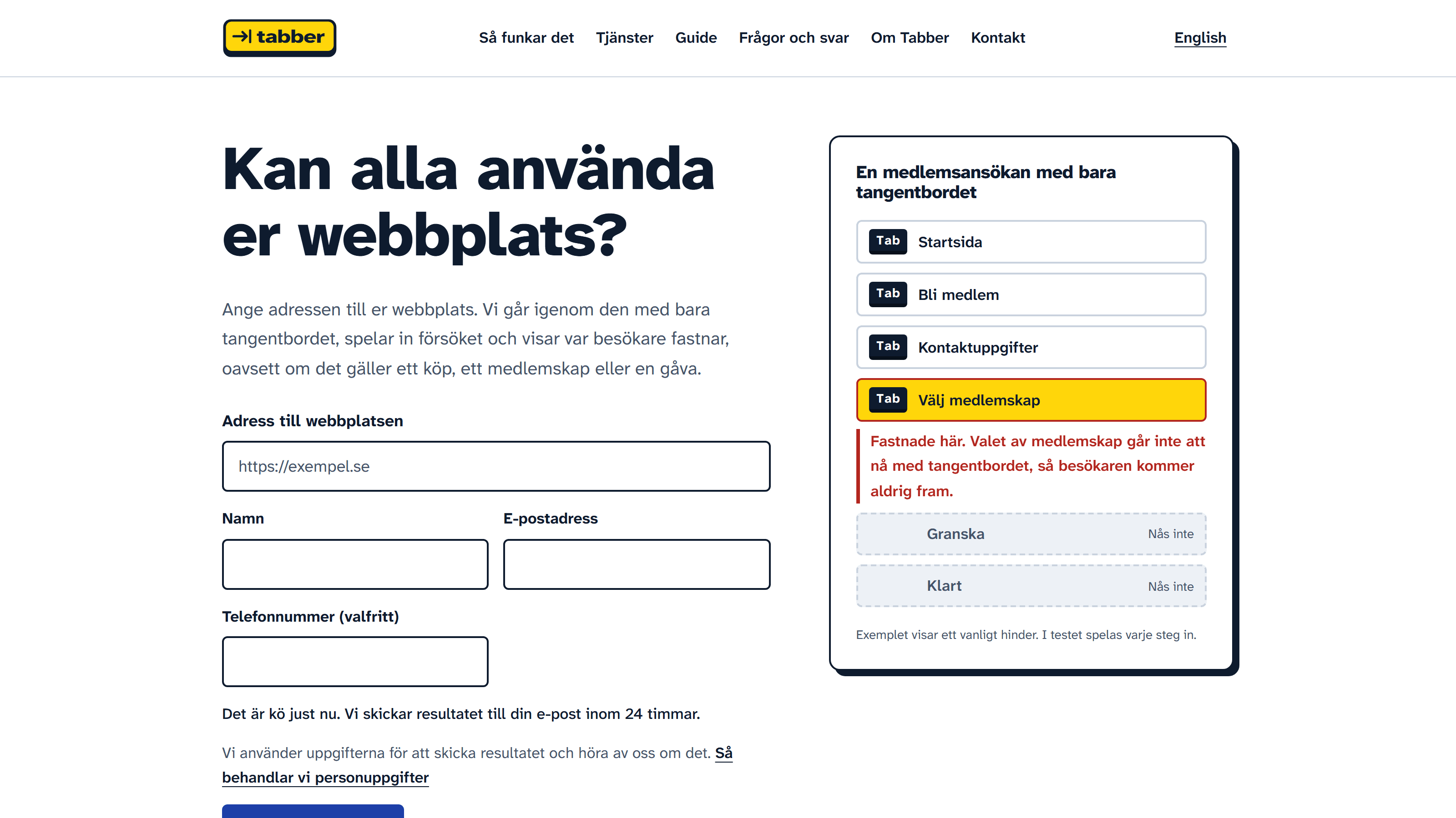 Tabber home page: the headline and test form beside a membership application where a yellow focus highlight tabs through four steps and gets stuck.